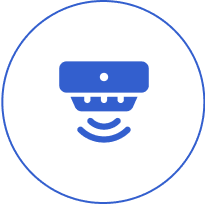 Blue smoke detector icon on black background.