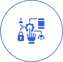 Technology symbols in a blue circle icon.