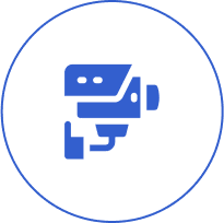 Blue surveillance camera icon on black background.