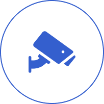 Blue security camera icon on black background.